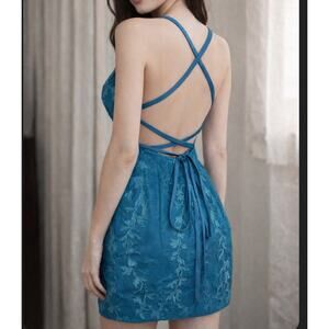 Corset Mini Dress Aqua Blue Embroidered